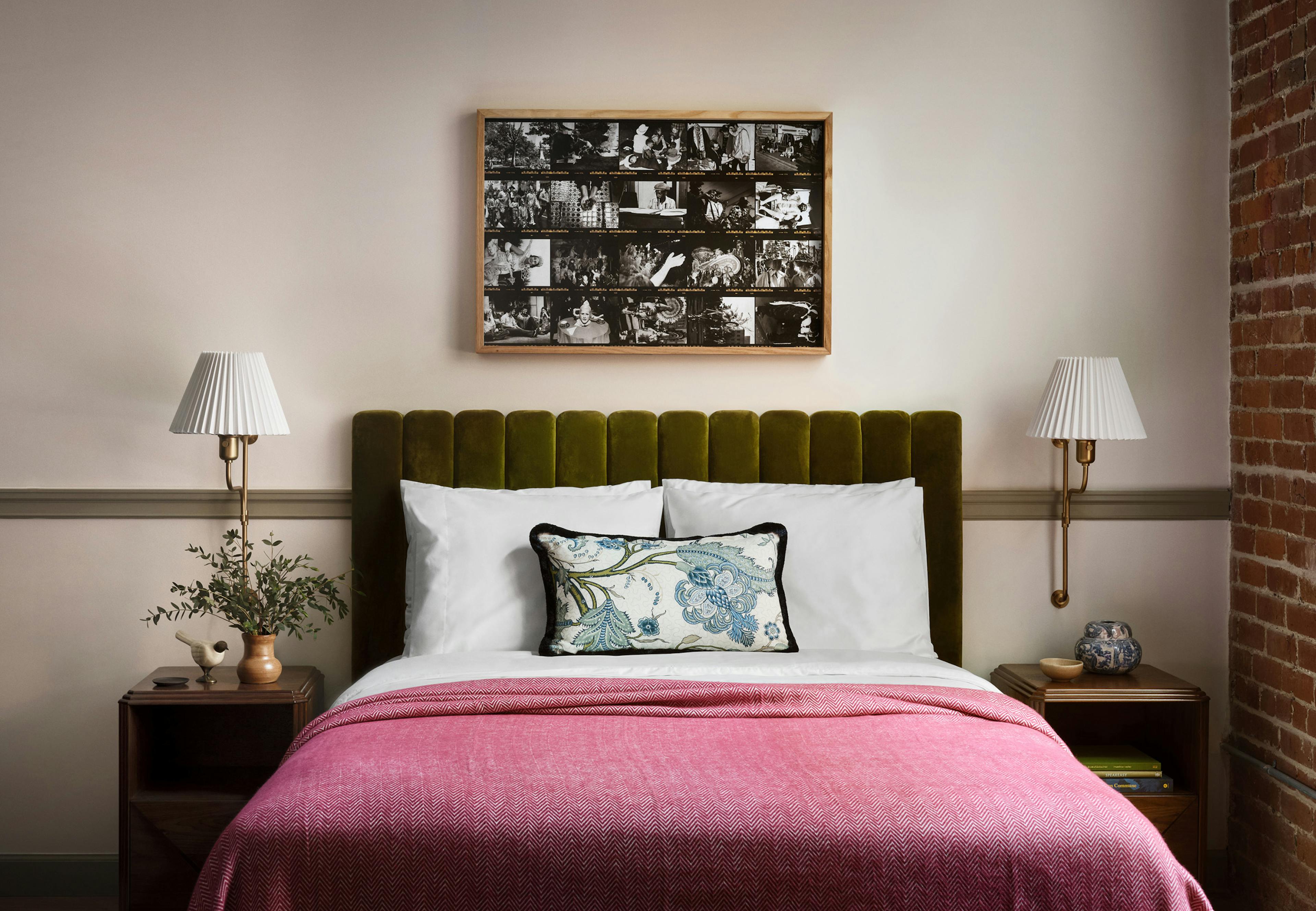 Queen bed with velvet headboard