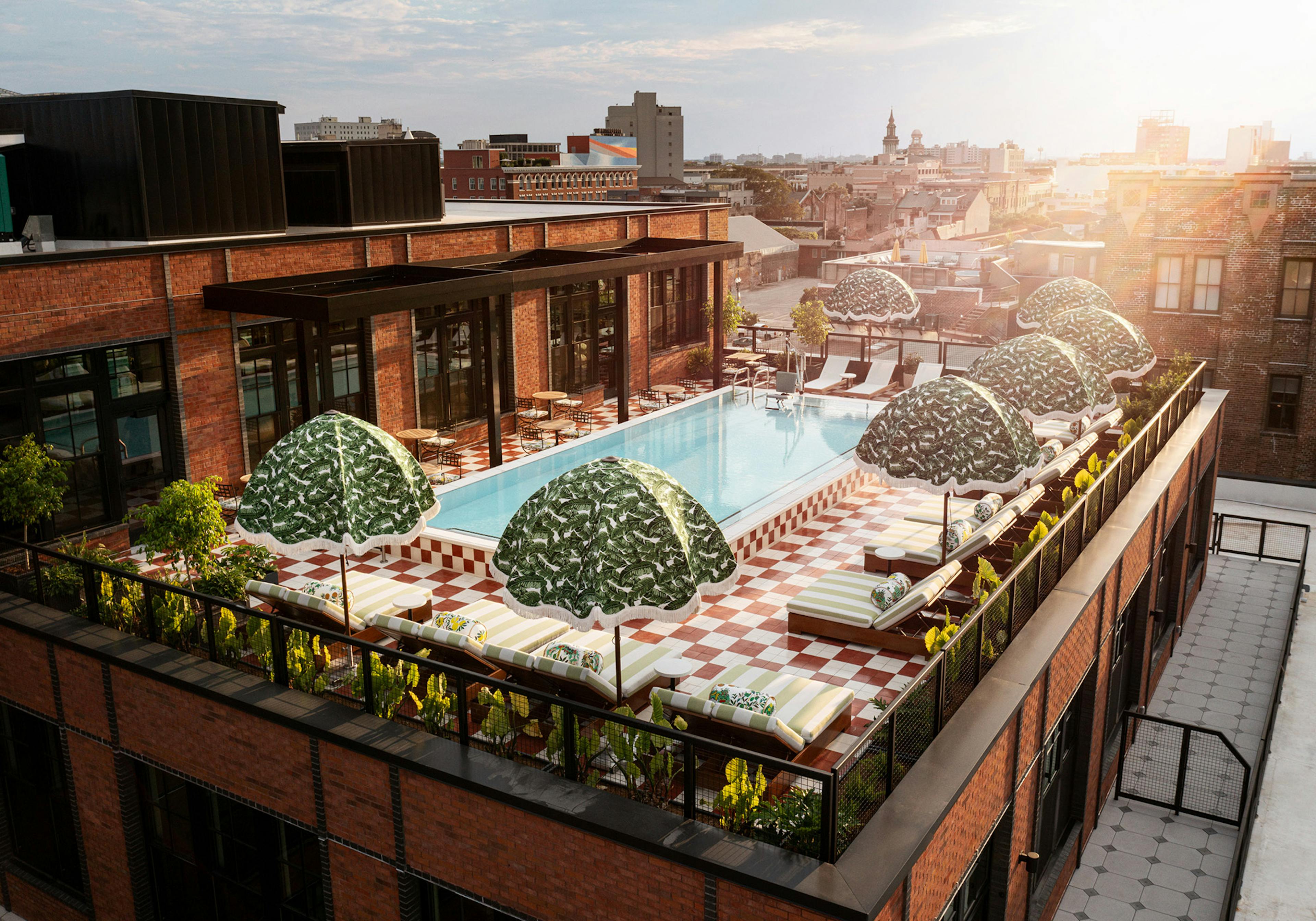 Drone view of rooftop pool