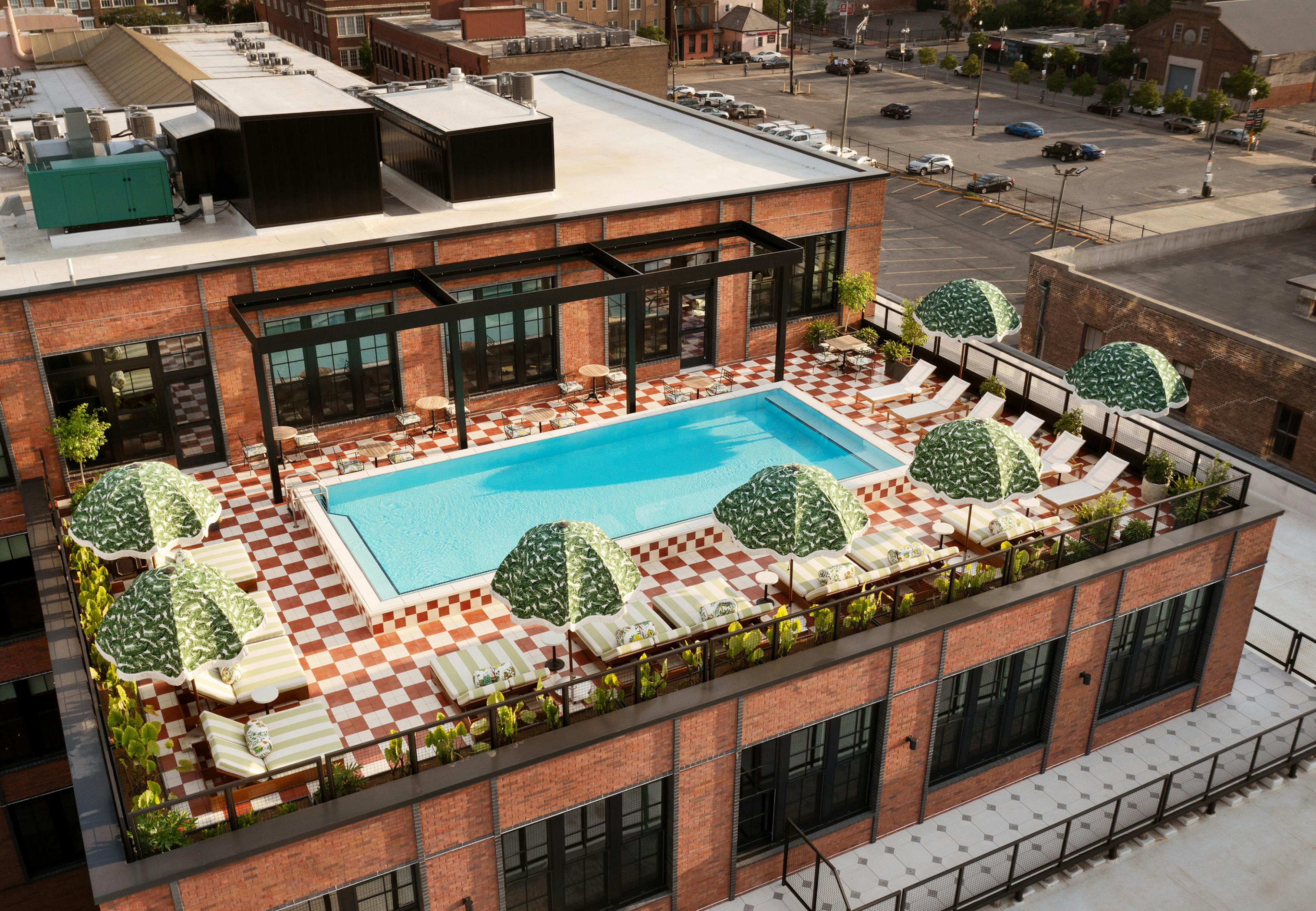Warehouse rooftop pool drone view of rooftop pool